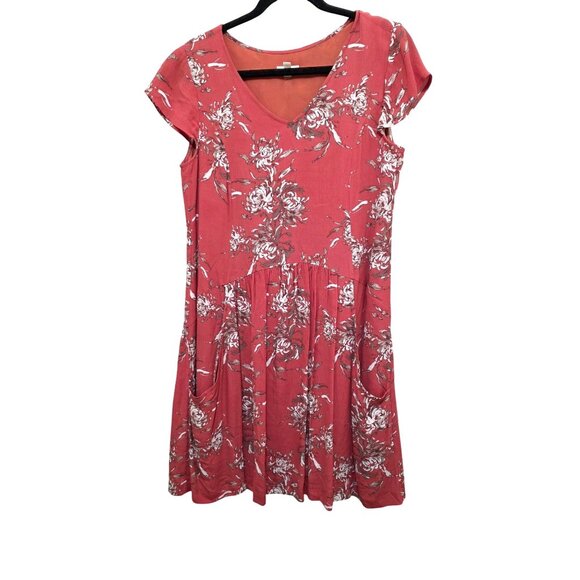 Garnet Hill Women's Floral Print Summer Cap Sleeve Dress Size 6 Coral & White V- - Picture 1 of 8